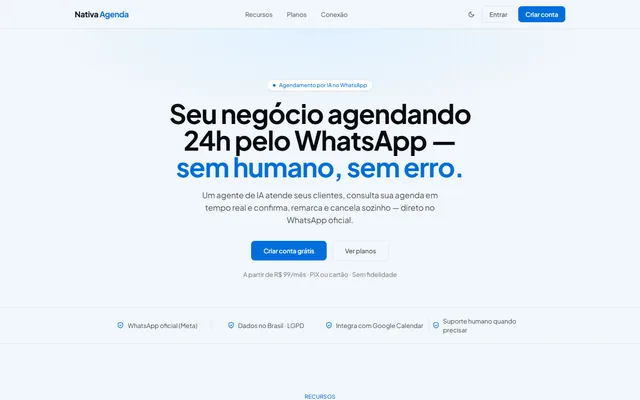 Página inicial do Nativa Agenda, agendamento por inteligência artificial no WhatsApp.