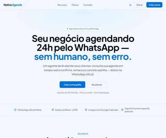 Nativa Agenda, produto próprio de agendamento por inteligência artificial no WhatsApp.